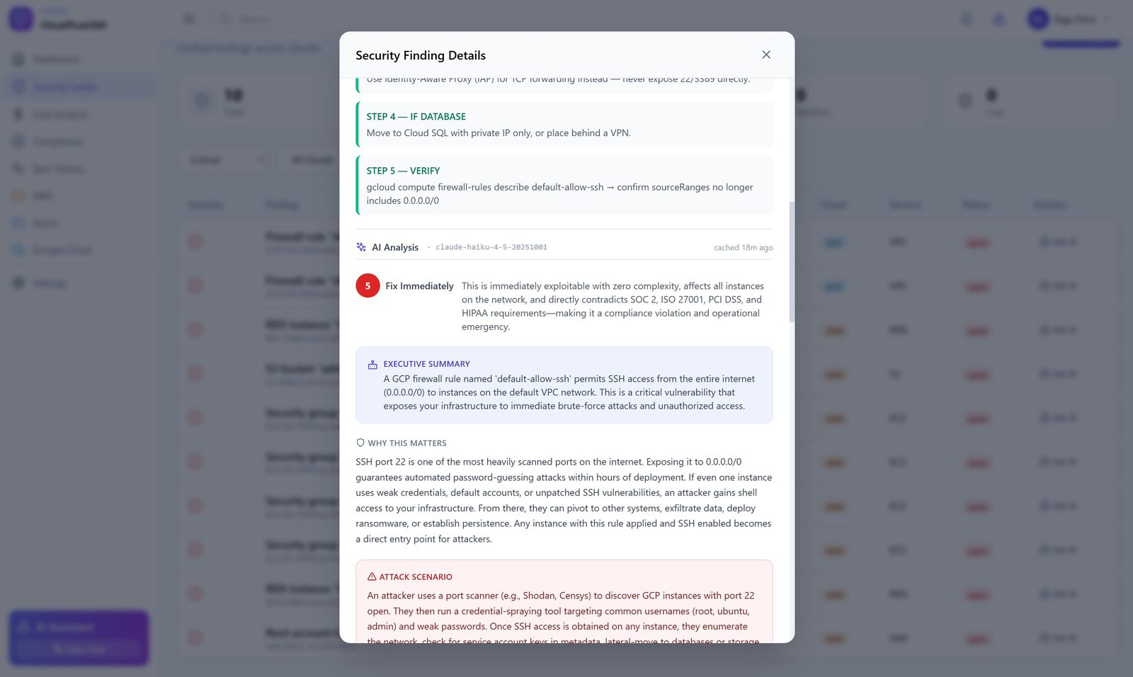 Security Finding Details modal in CloudTrust360 showing a 5-step GCP firewall remediation runbook, AI Analysis section attributed to claude-haiku-4-5, Fix Immediately priority block, executive summary, why-it-matters narrative, and attack scenario explanation